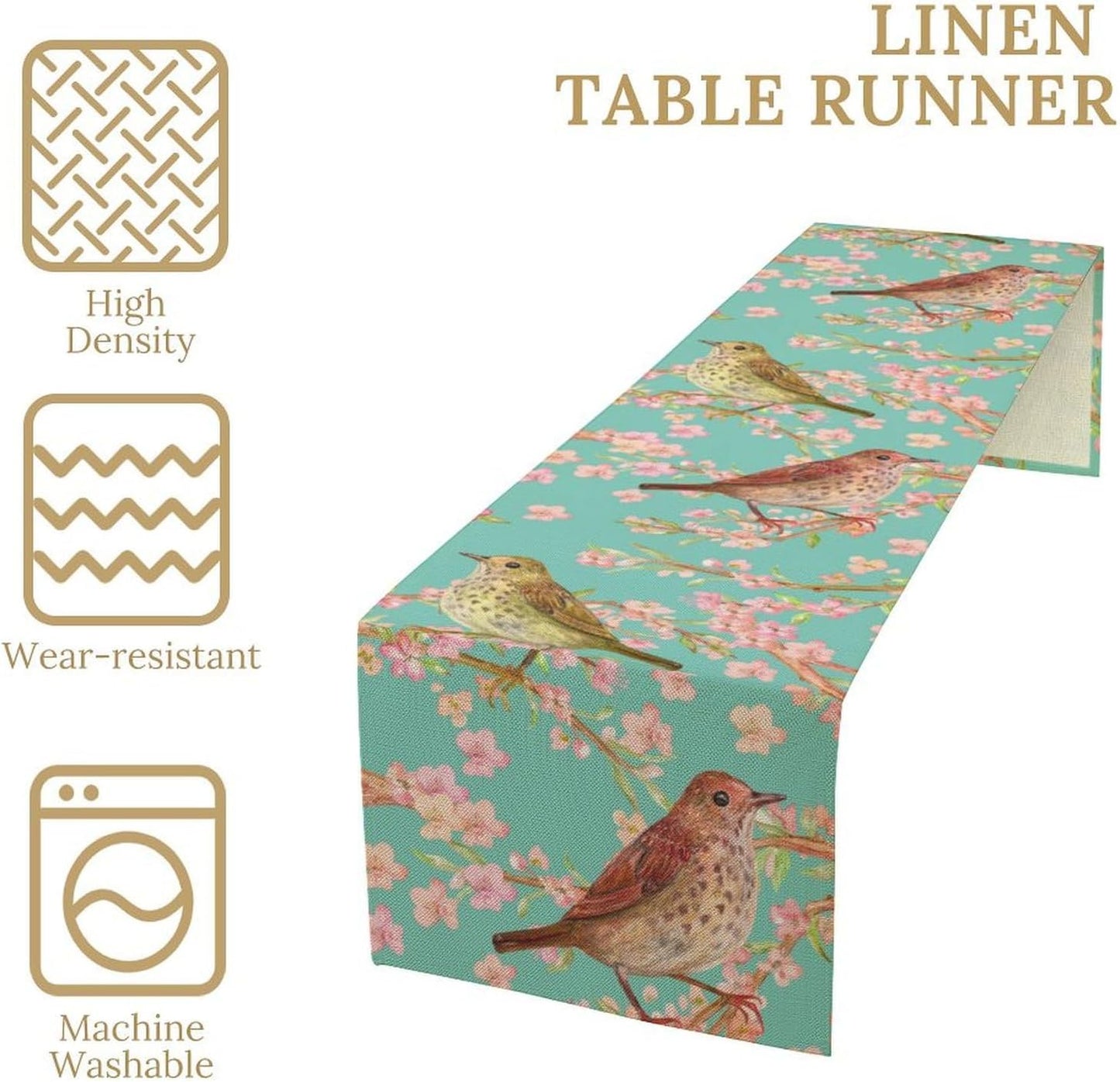 Table Runner with Flowers and Birds, Spring Plant Flowers Table Decoration Linen Table Runner Family Party Party Decorations 13x60 Inches