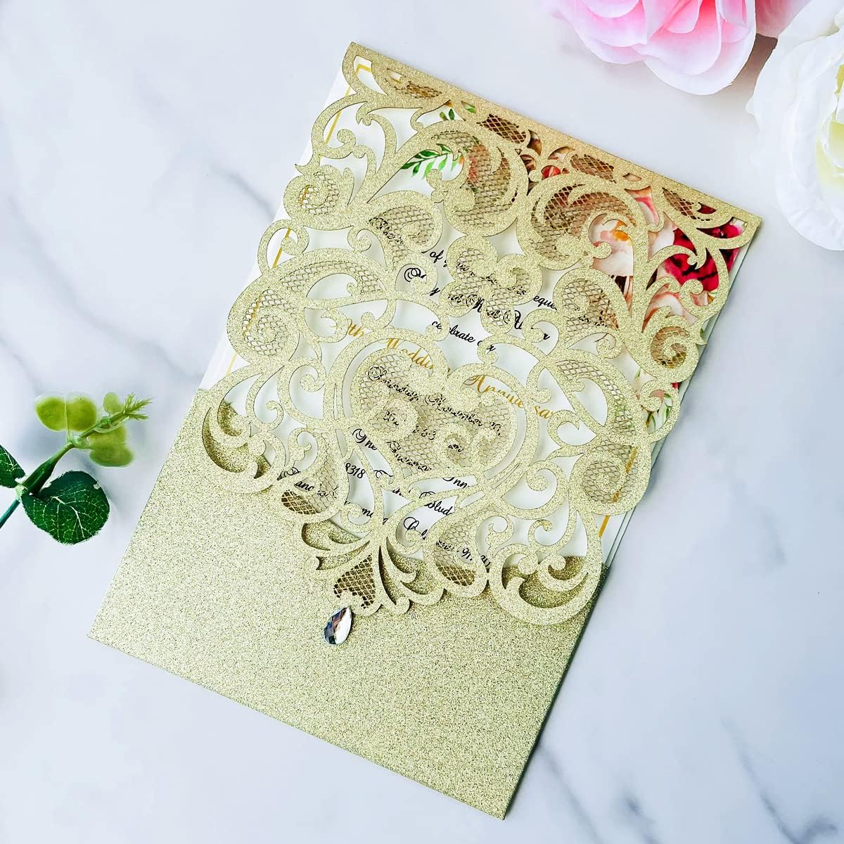 Hosmsua 50PCS Champagne Gold Wedding Invitations Kit 5 x 7.3 Inch Laser Cut Hollow Rose Rhinestone Pocket with Envelope for Wedding Bridal Shower Invite (Champagne Gold Glitter)