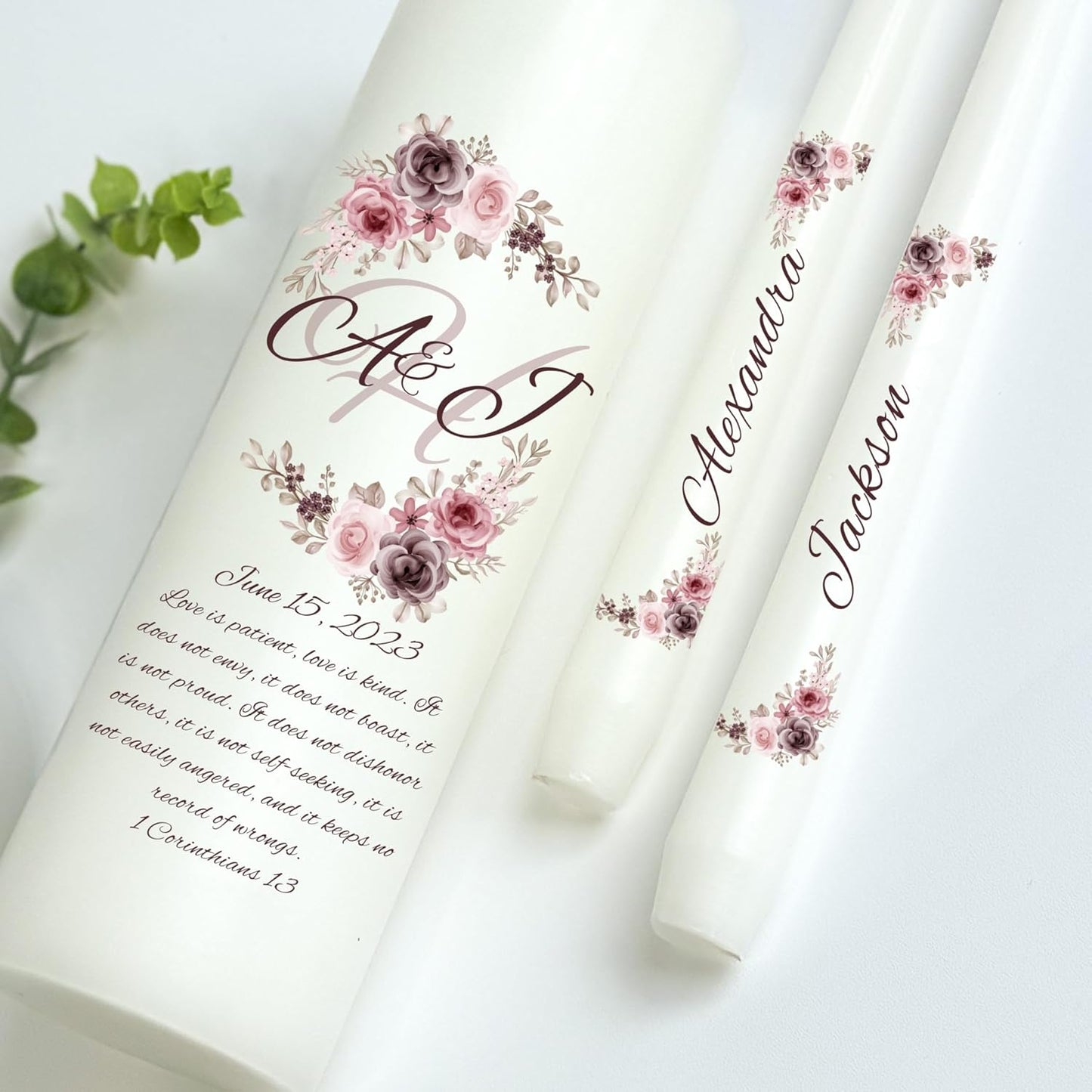 Unity Candles for Wedding, Modern Unity Set, Custom and Personalized Pillar and Taper Candles with Bible Quote, Unscented White Premium Wax, Religious and Wedding Ceremony, Special Events (Clover)