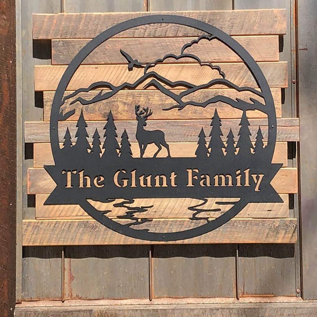 RealSteel Personalized Metal Wall Art - Circular Nature Scene with Mountains, Lake, Deer & Bird - Custom Name on Banner - Outdoor Landscape Decor for Home & Gifts - Gold, 36"