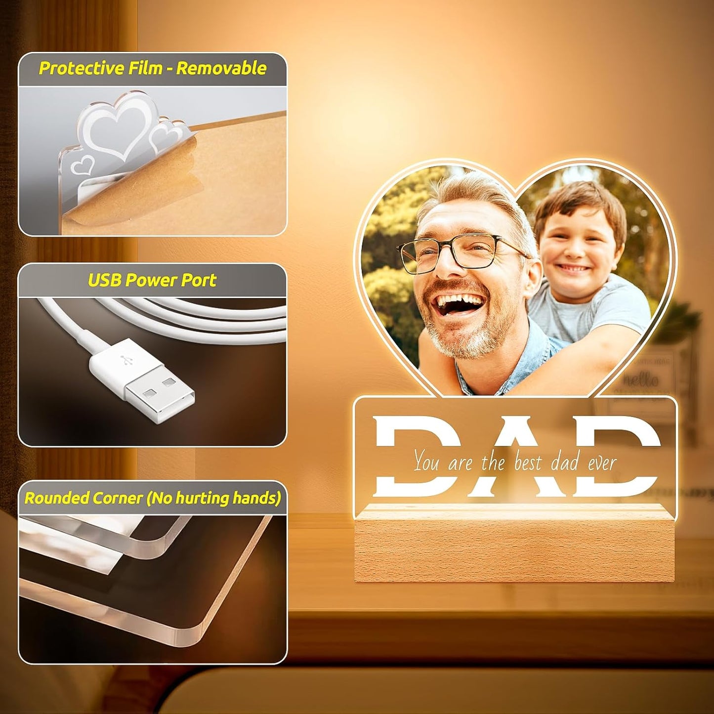Personalized Photo Gifts for Dad from Daughter and Son, Personalized Picture Frame with Night Light, Custom Acrylic Plaque Photo Frame, Customized Dad Birthday Gifts for Baby Kids Family
