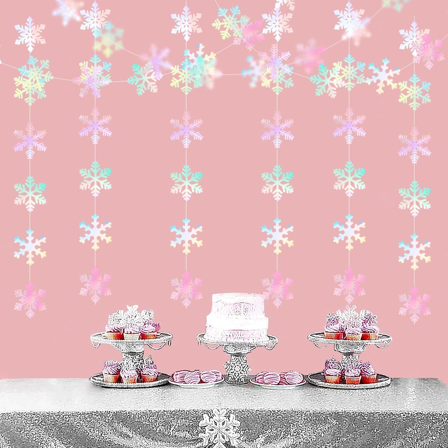 Iridescent-Holographic Snowflake-Snow Christmas Party-Decorations Garland - 6pcs Winter Girl Frozen Birthday New Year Hanging Decoration Streamers Banner, Wonderland Party Supplies Decor Panduola