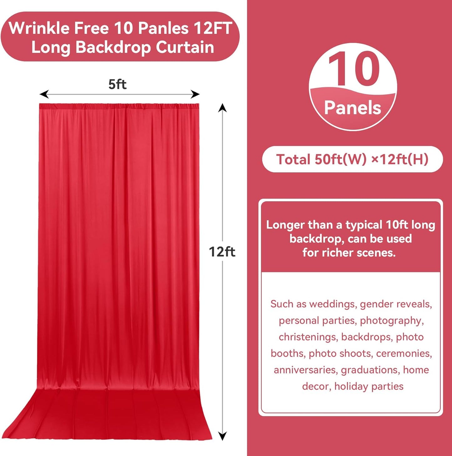 50ftx12ft Wrinkle Free Red Backdrop Curtain, 10 Panels 12FT Height Red Wedding Backdrop Drapes, Silky Polyester Back Drop Cloth for Birthday Photography Background Party Backdrop Draping