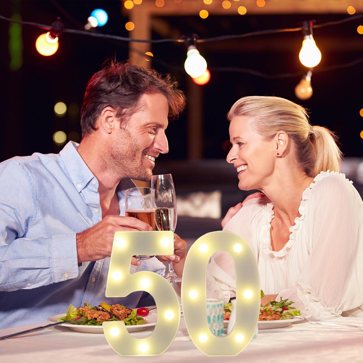 LED Marquee Letter Lights, Decorative Light Up Numbers for 50th Birthday Party, Battery Operated, Warm White Small Marquee 50 Sign for Anniversary Decorations