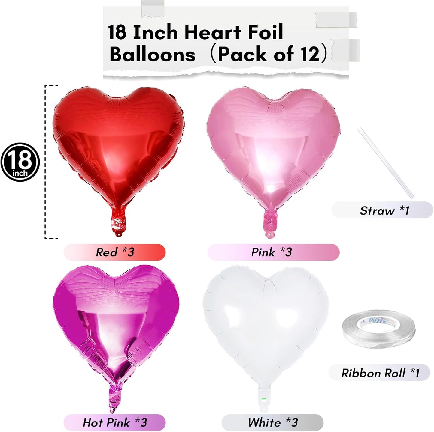 TAOYE Red Pink Heart Balloons, 18 Inch 12 Pcs Red Hot Pink Mylar Heart Shape Balloons Red White Foil Heart Balloons Red Pink and White Party Balloons for Birthday Wedding Bridal Valentine Anniversary