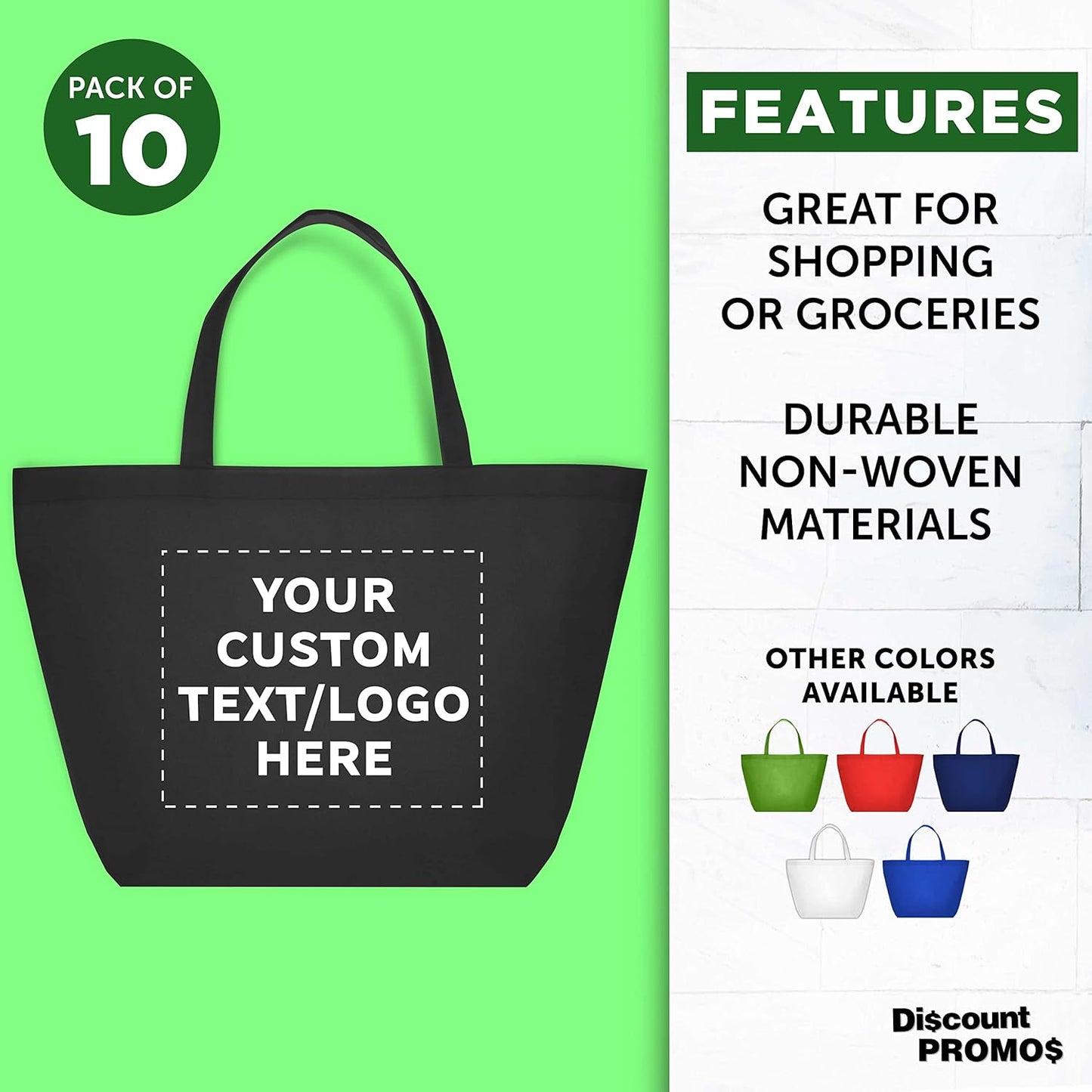 DISCOUNT PROMOS Custom Southern Style Grocery Tote Bags Set of 10 - Personalized Bulk Pack, Reusable Grocery & Shopping Bags - Great for Travel, Carry on Bag, Business Promotions - Black - 20"X13"X8"