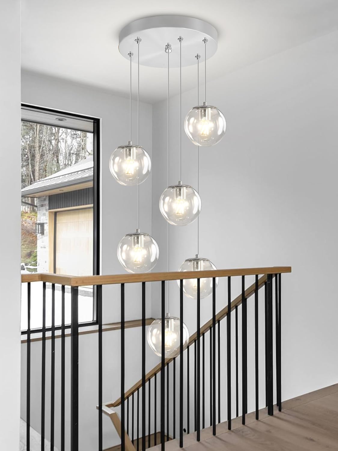 H 87in Modern Glass Globe Chandelier 6-Lights Glass Pendant Light for Staircase Silver Globe Chandelier Clear Glass Hanging Lighting for Living Room Bedroom Entryway