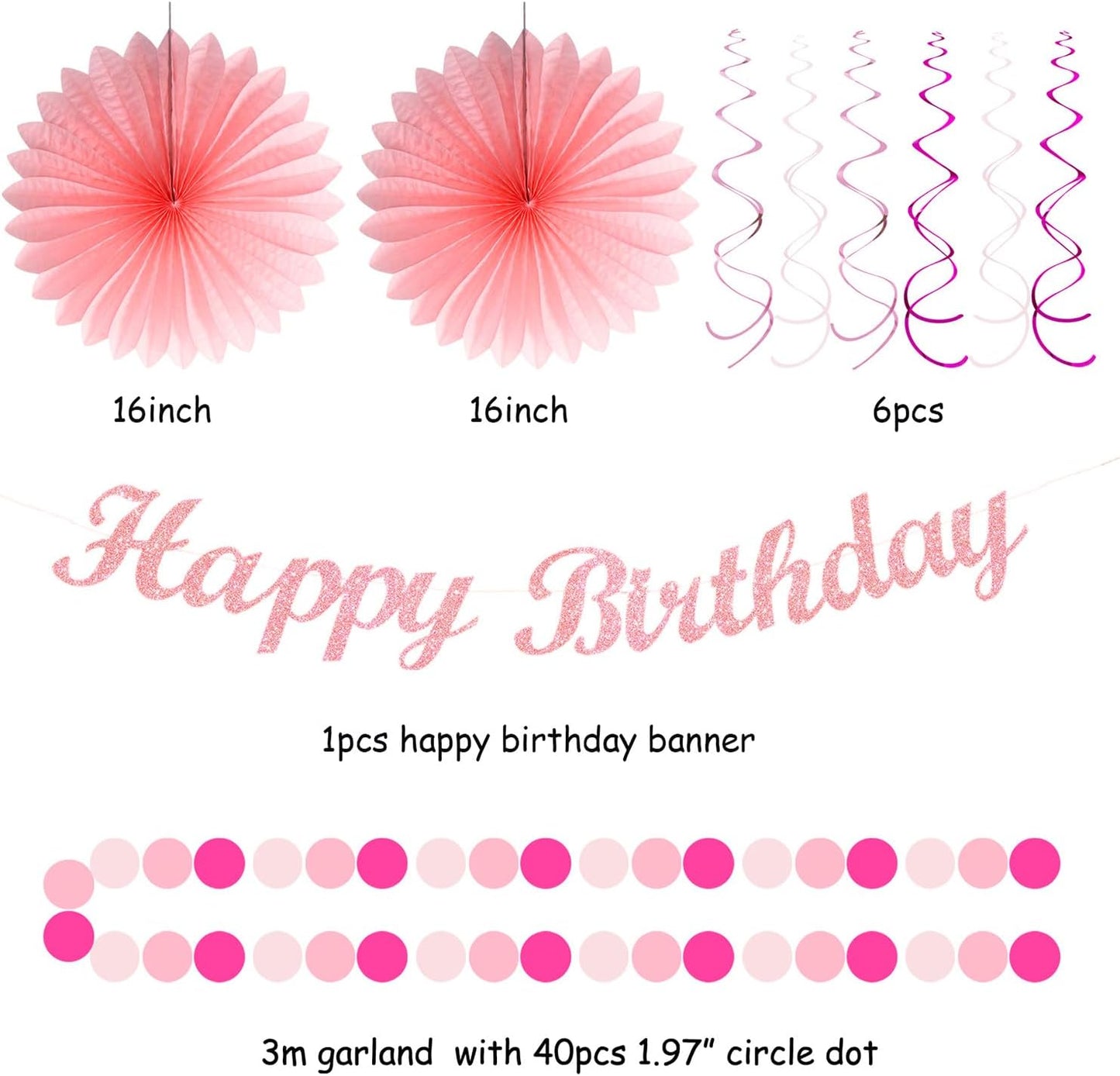 Light Hot Pink Birthday Party-Decorations - 21pcs Girl Happy Banner,Paper Lanterns Honeycomb,Tissue Pom Poms Flower Fan,Hanging Streamers Garland,18th 21st 30th Women Birthday Decor Supplies Huglony