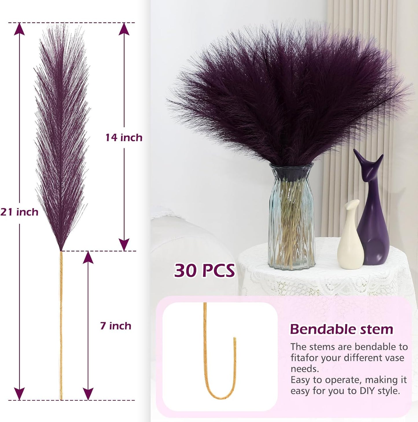 Purple Pampas Grass Decor 30 Pcs 21.7 Inch Faux Pampas Grass Bulk Artificial Dried Flowers Small Vase Filler Pompas Grass.