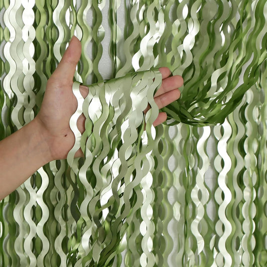 4 Pack Sage Green Wavy Metallic Tinsel Foil Fringe Curtains 3.3x6.6 Feet - Light Green Foil Streamers Backdrop Photo Booth Props for Birthday Wedding Christmas Party Decorations