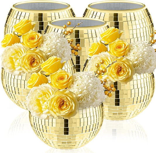 6 Pcs Disco Ball Vase,5" X 6" Disco Ball Centerpieces,Glass Disco Ball Planter Mirror Disco Ball Decor Can Be Used for Wedding Centerpieces,Birthday,Office(Gold)