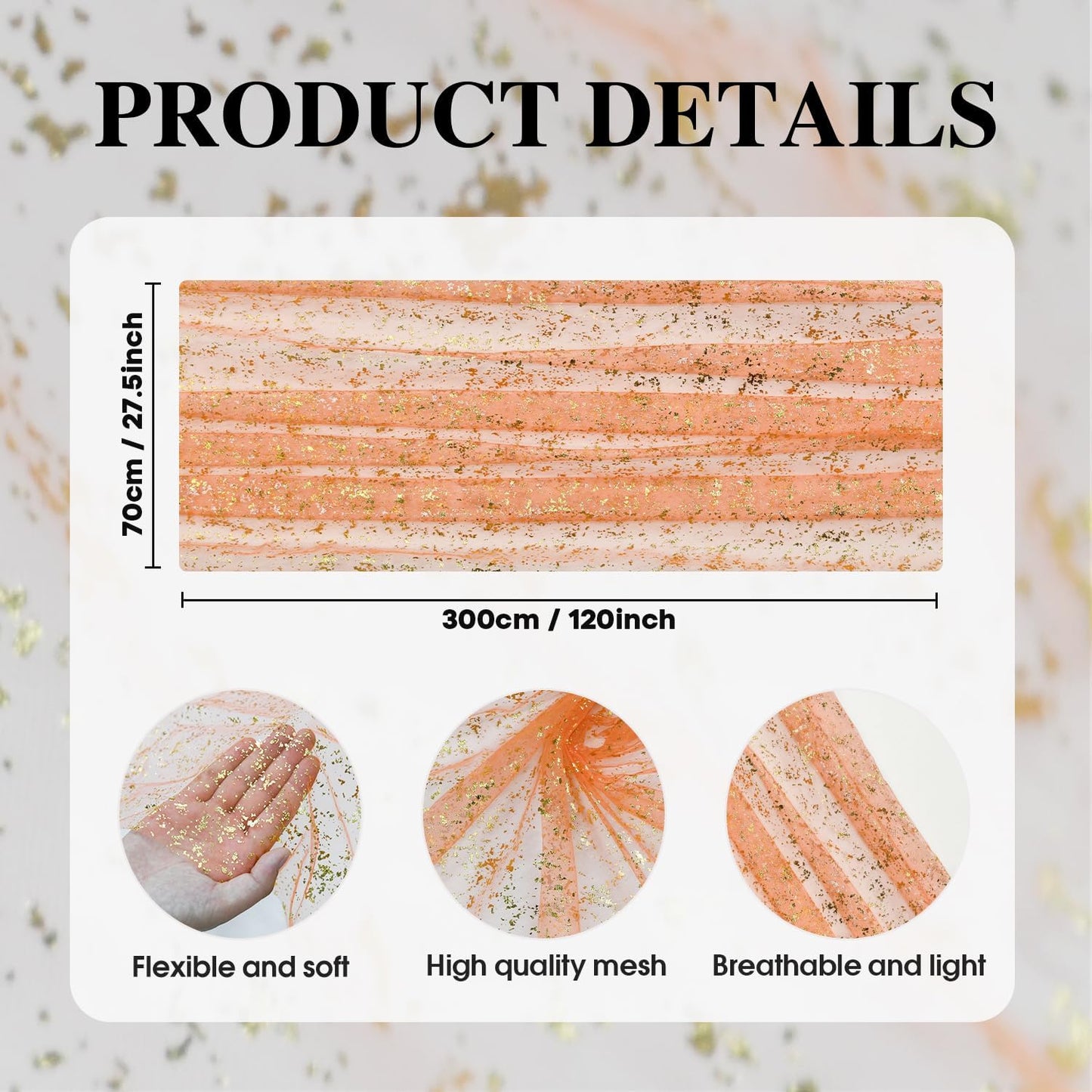 Artoid Mode 3PCS Orange Gold Gauze Table Runner 120 Inch 10FT, Glitter Metallic Foil Sheer Dining Wedding Anniversary Holiday Table Decor for Home Party