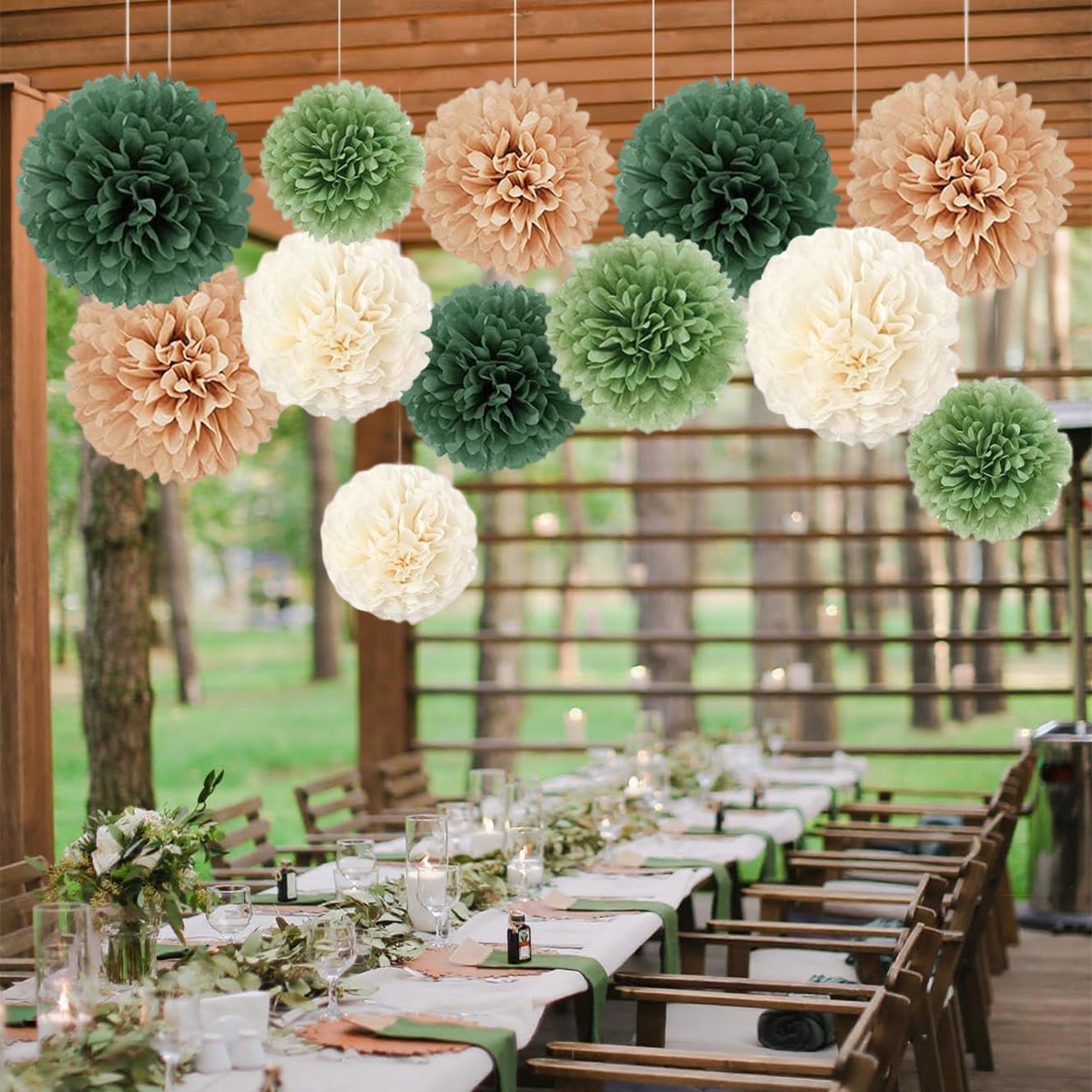 Capesaro Olive Sage Green 12PCS Paper Pom Poms Party Decorations for Natural Green Boho Safari Jungle Party,Hanging Tissue Paper Flowers for Engagement,Wedding,Baby Shower