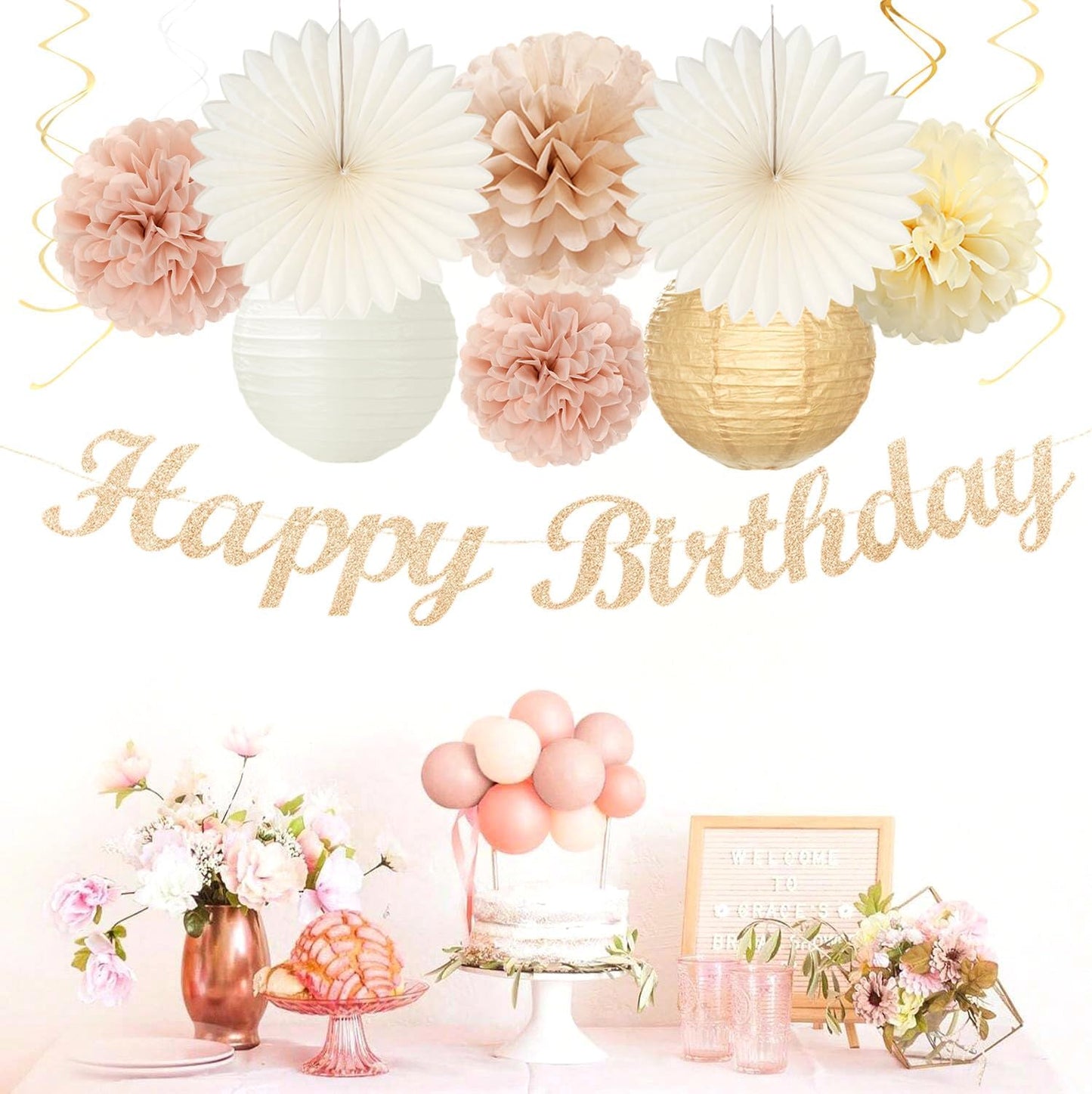 Champagne-Gold Beige 16 Happy Birthday Party-Decorations - 22pcs 21st Women Girls Paper Lanterns Streamers Banner Pom Poms,Fall Boho Aesthetic Bohemian Rose Groovy Decor Backdrop Supplies Hugmoon