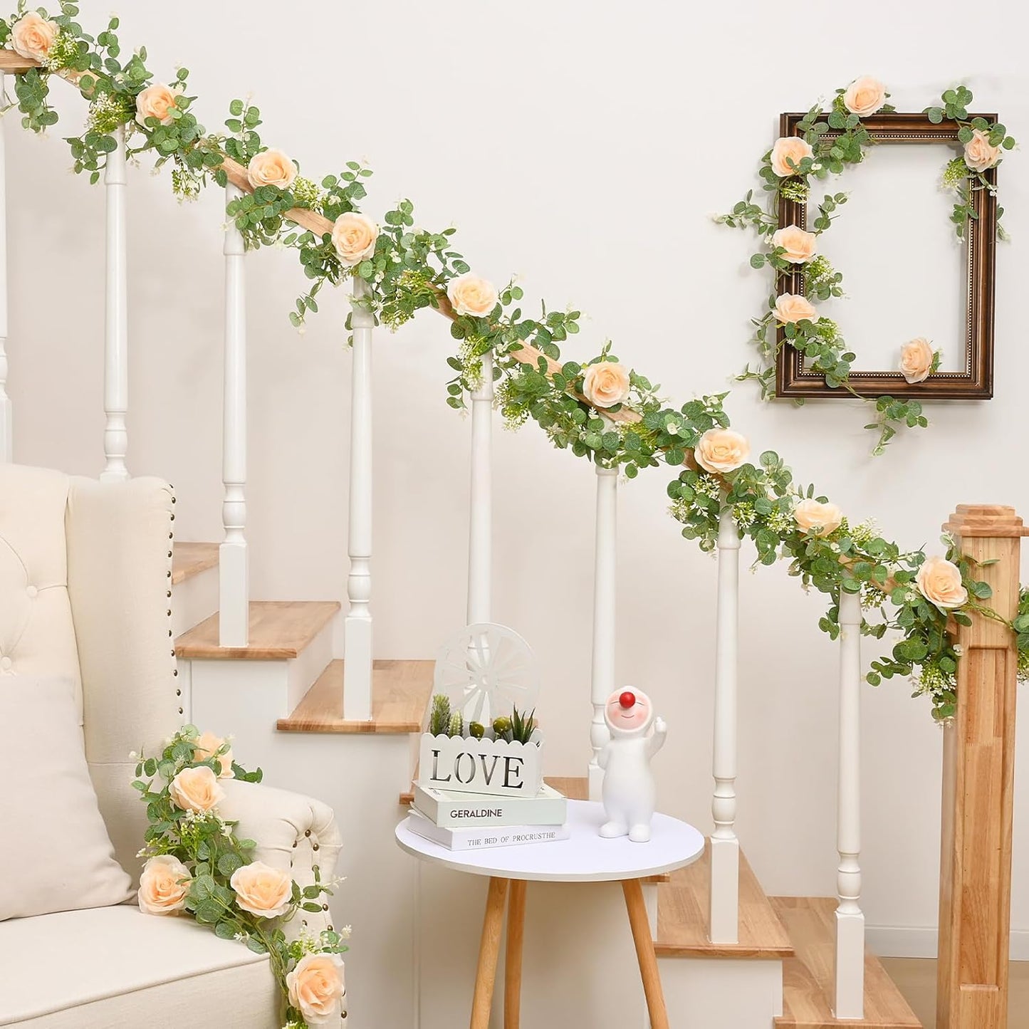 Dolicer 2Pcs 13Ft Artificial Eucalyptus Garlands with Flowers - 8 Roses, Faux Floral Greenery Garlands Fake Flowers Vines for Wedding Table Centerpieces Arch Party Ceremony Backdrop Decor (Champagne)