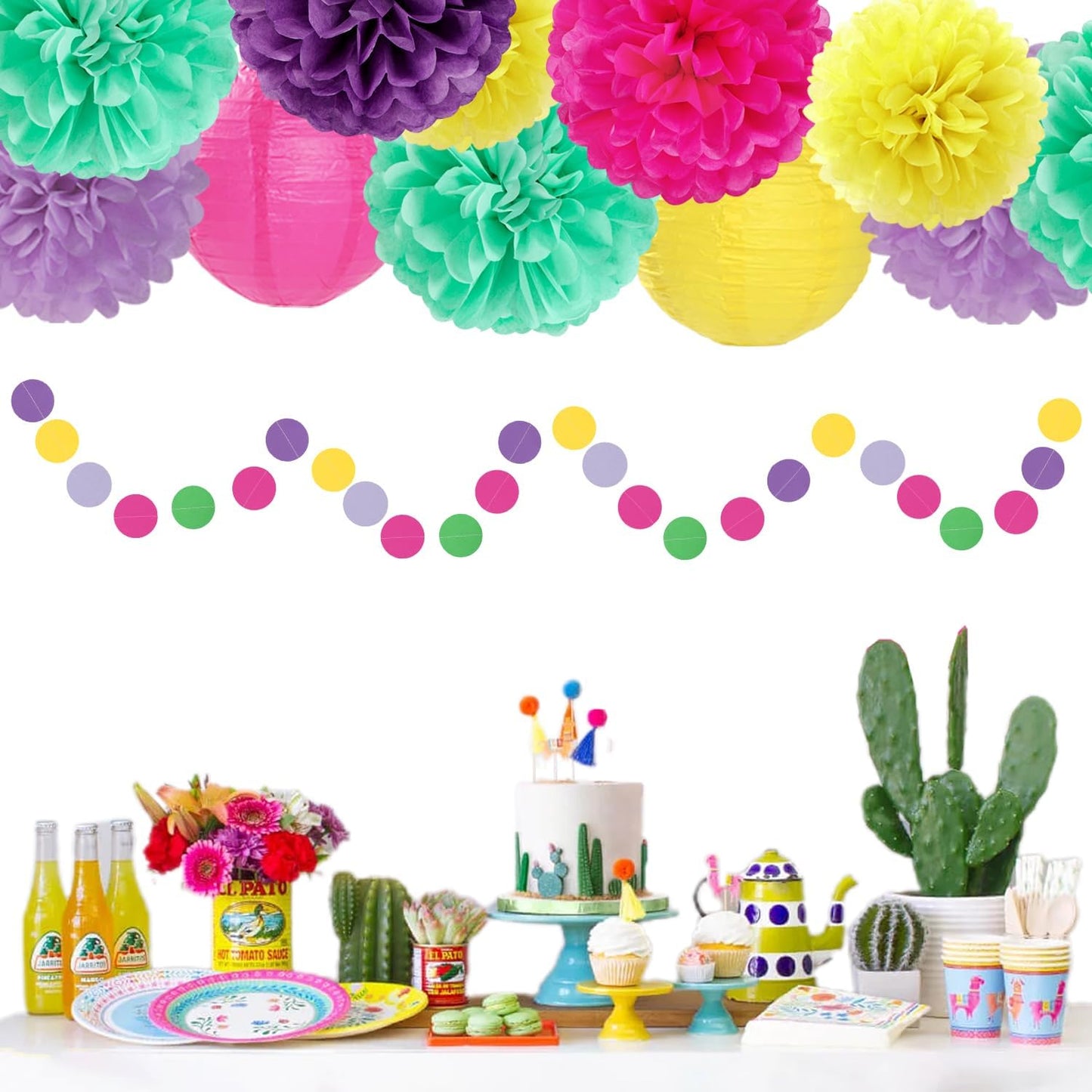 Hot-Pink Purple-Teal Yellow Paper-Flowers Lanterns - 15pc Kids Magic Theme Birthday Party Decorations Tissue Pom Poms Streamers,Bachelorette Bridal Baby Shower Engagement Wedding Decor Panduola