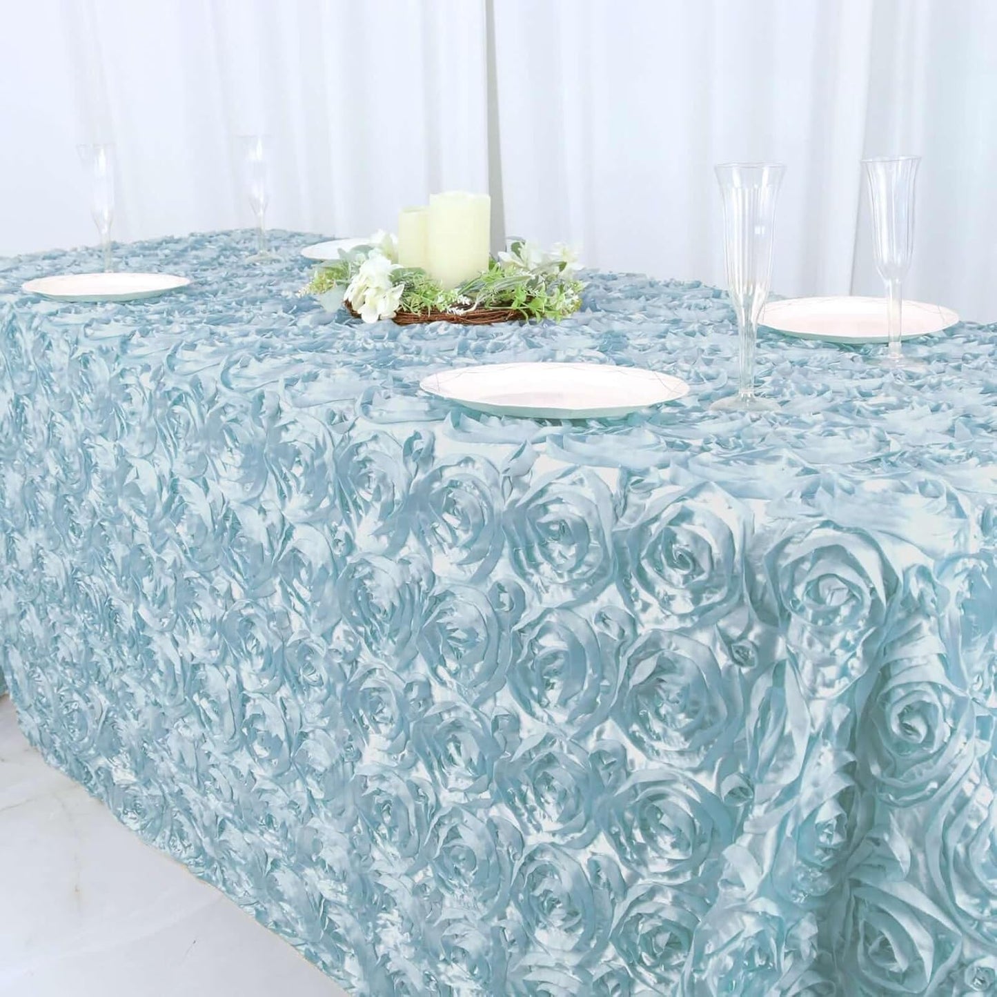 Efavormart 90"x132" Wholesale Rectangle Table Cover Light Blue Grandiose Rosette 3D Satin Tablecloth for Wedding Party Event