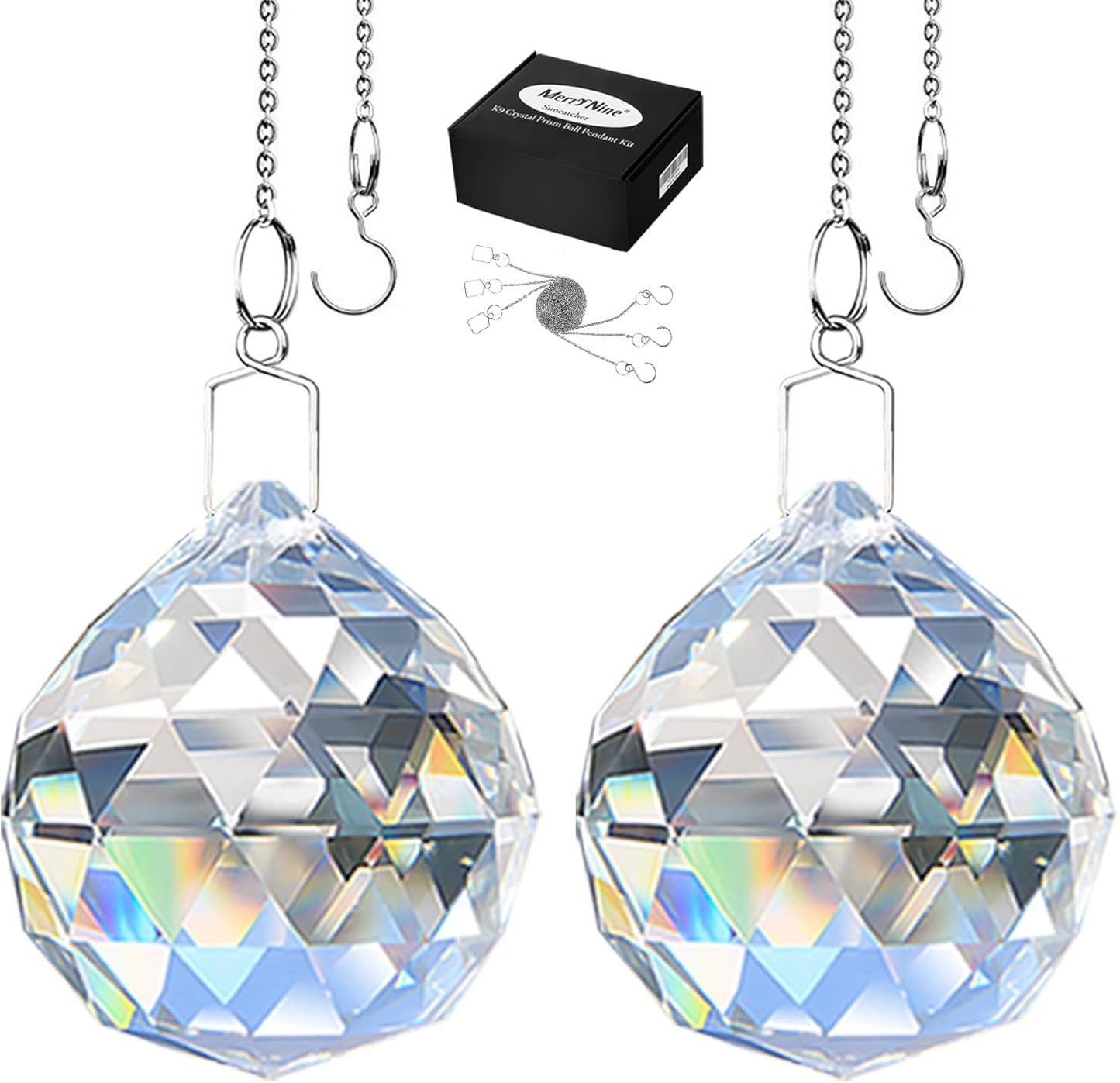 MerryNine 2 Pack Crystal Ball Prism Sun Shine Catcher Rainbow Pendants Maker, Hanging Crystals Prisms for Windows, for Feng Shui, for Gift (Clear) (40mm/1.57")