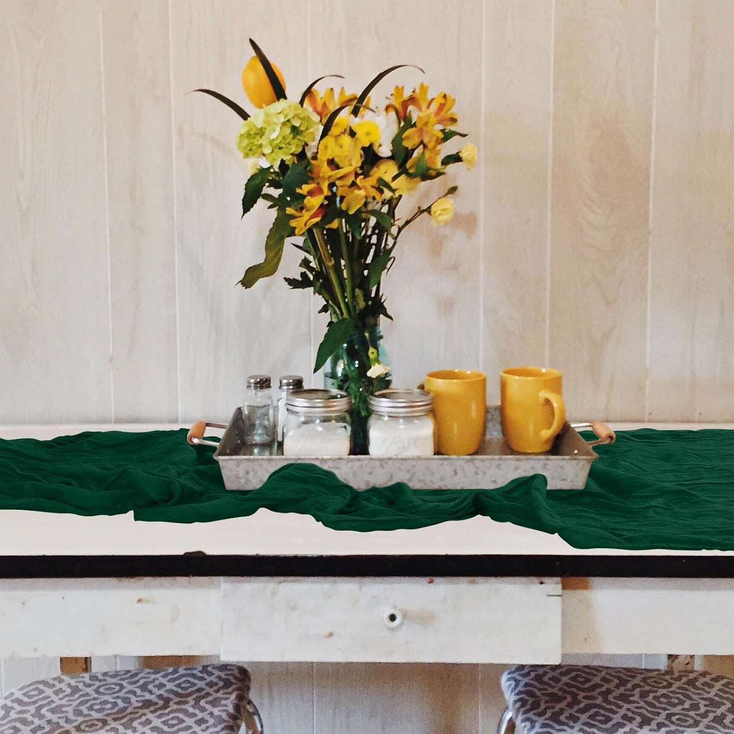 12 Pack Cheesecloth Table Runner 10Ft Christmas Gauze Boho Table Runners for Wedding Decor Bridal Shower Decorations Baby Shower Party(35" x 120")(Emerald Green)