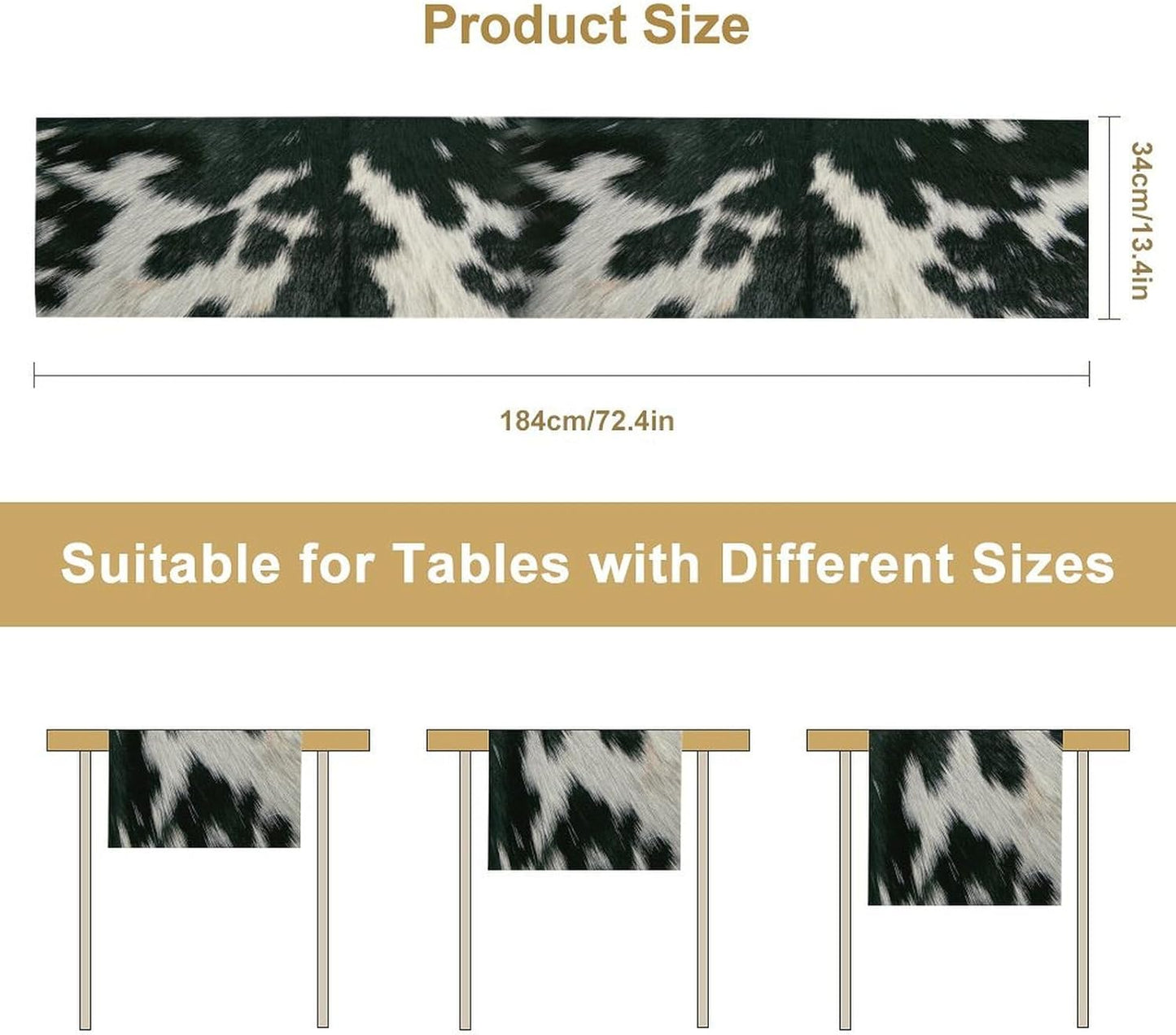Cow Skin Print Table Runner, Rustic Country Farm Fur Skin Cowhide Pattern Western Style Black White Print Table Runner for Home Kitchen Dinning, 13x60 Inch