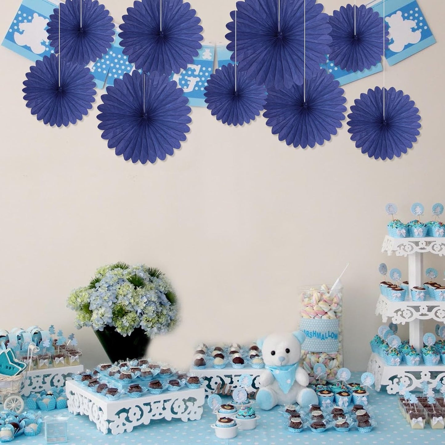 20 Pcs Blue Hanging Paper Fan, Round Paper Fans Decorations Set for Weddings, Birthdays, Engagement, Bridal Shower, Baby Shower Event, Graduation, Party Supplies Decor