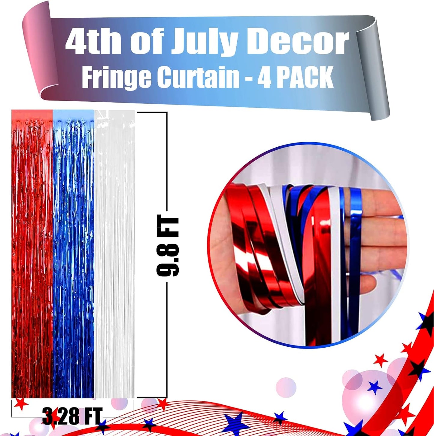 4 Pack Red Blue White Foil Fringe Curtain Backdrop, 3.28Ft x 9.8Ft Metallic Tinsel Foil Fringe Streamers Curtains for Photo Booth, Wedding, Mardi Gras, Birthday, Independence Day Party Decoration