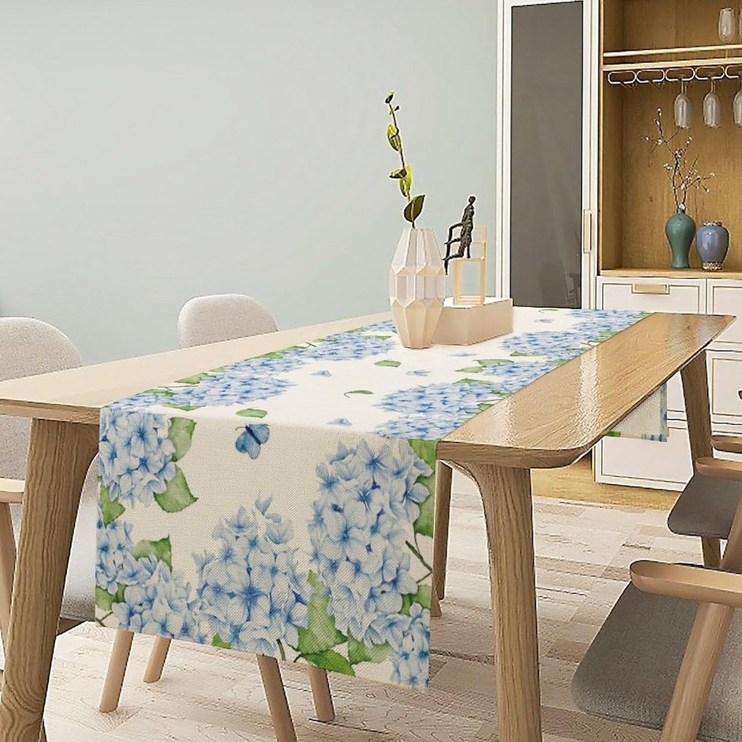Watercolor Hydrangea Flower Table Runner, Spring Summer Seasonal Plants Butterfly Blue Dinner Runner for Home Kitchen Dining Table Party Holiday Decoration 13"x60"