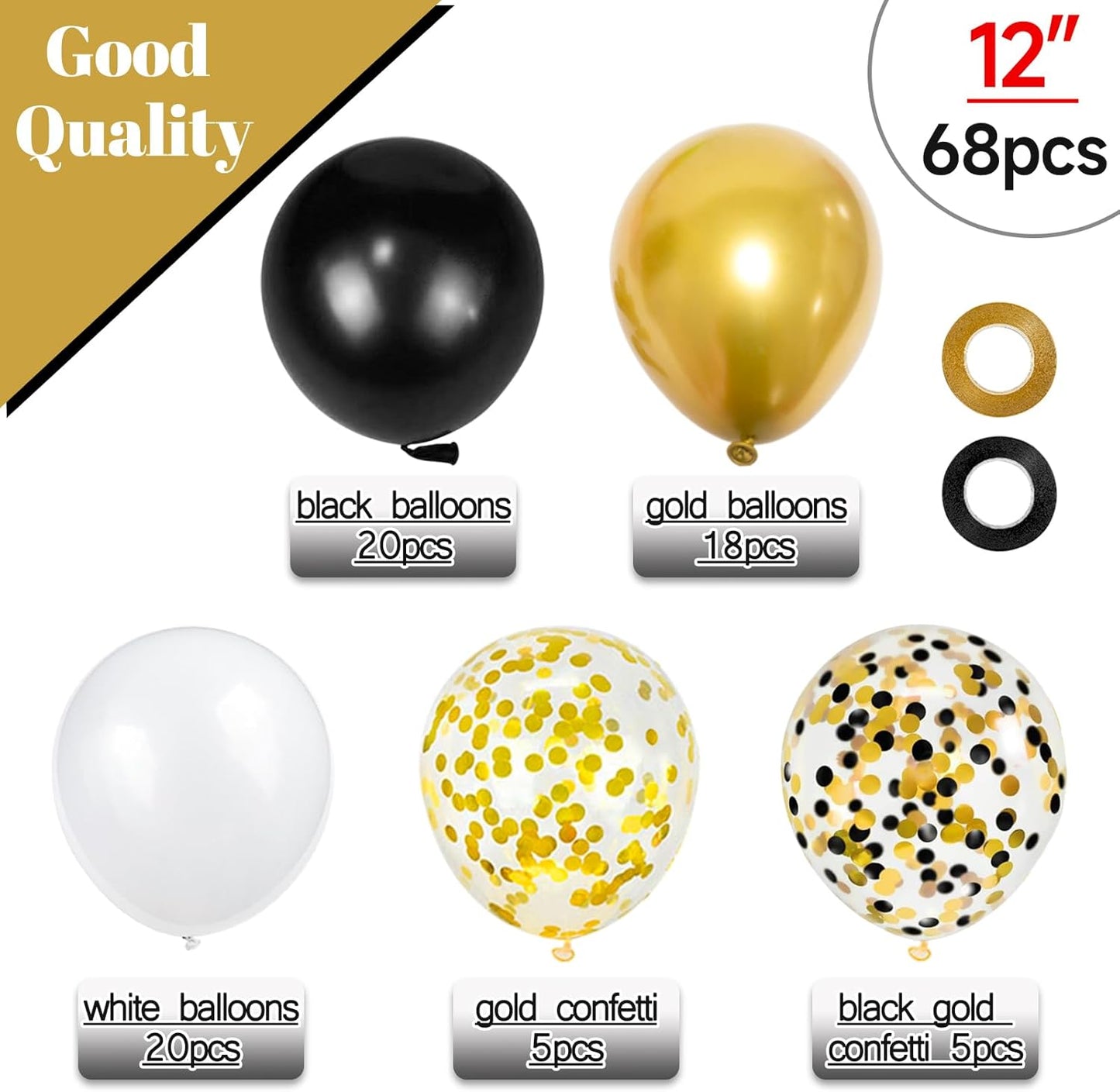 68Pcs Black White Gold Balloons with 12 Inch Black Gold Confetti Balloons for Graduation Birthday Wedding Party Decorations