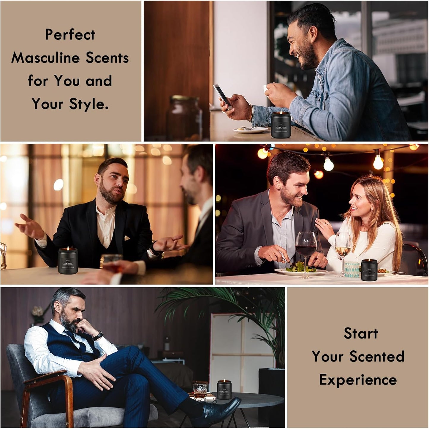 Scented Candles Set | Candle for Men, Soy Candles for Home Scented, Gifts for Men - Mens Gifts, 4 Pack Candle Gift for Dad Fathers Day (Leather/Vintage Oak/Amber Patchouli/Magnolia & Sandalwood)