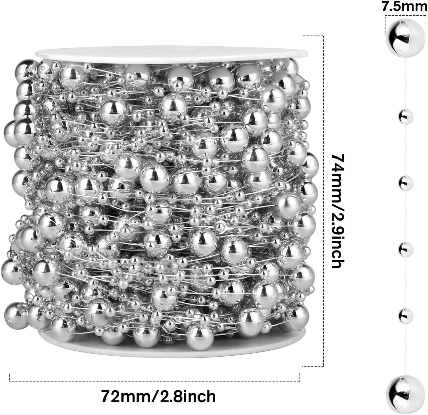 98FT Pearl Beads String Garland, 8mm 3mm Silver Faux Pearl Beads Roll Strand Bulk for Wedding Party Flower Christmas Decoration DIY Craft