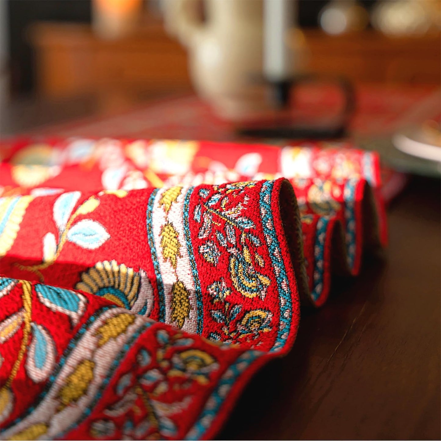 13×72 Inch Table Runner, Retro-Luxury Tassels Series for Kitchen Dining Table Holiday Decoration (Red Branch)