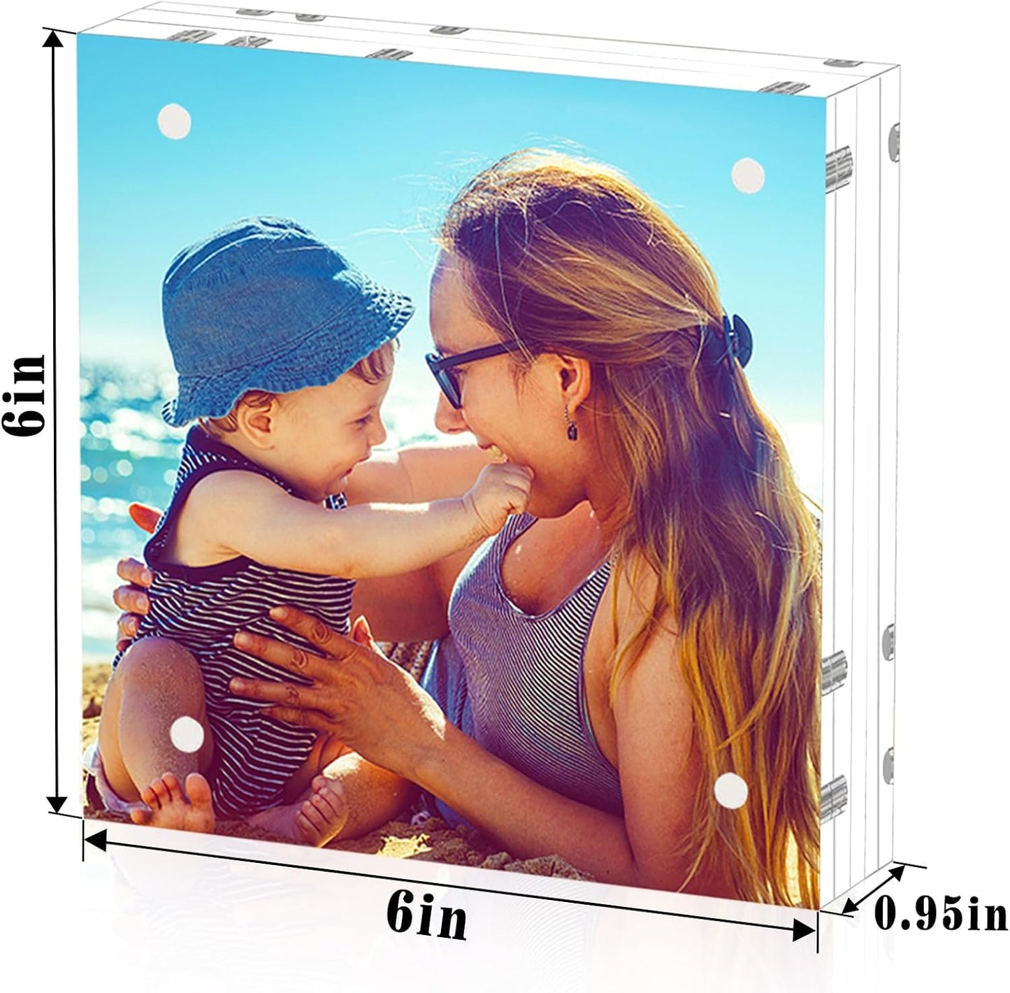 HELPLEX 5 Pack 6x6 Acrylic Picture Frames, 24mm Thicker Square Frameless Clear Frame Double Sided Magnetic Frame, Free Standing Desktop Display Stand