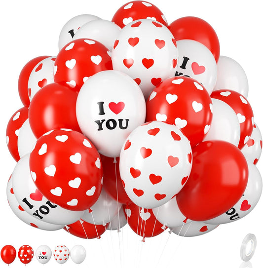 Valentines Day Balloons, 12 Inch Red White Ballons Heart Balloon I Love You Printed Romantic Valentines Day Balloon For Wedding Anniversary Party Decoration Supplies