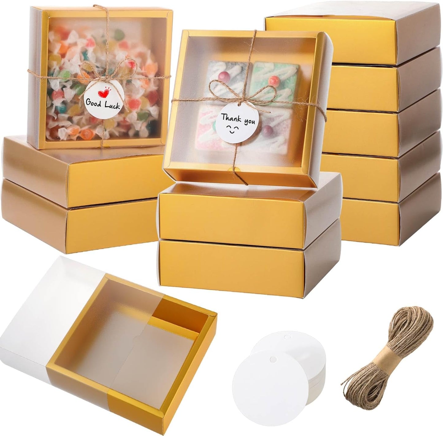 Roowest 50 Sets Kraft Soap Boxes Rectangle Packaging Box with Window Homemade Gift Box with Blank Tags and Jute String for Jewelry Candy Wrapping Party Favor(6.5 x 6.5 x 2 Inch,Gold)