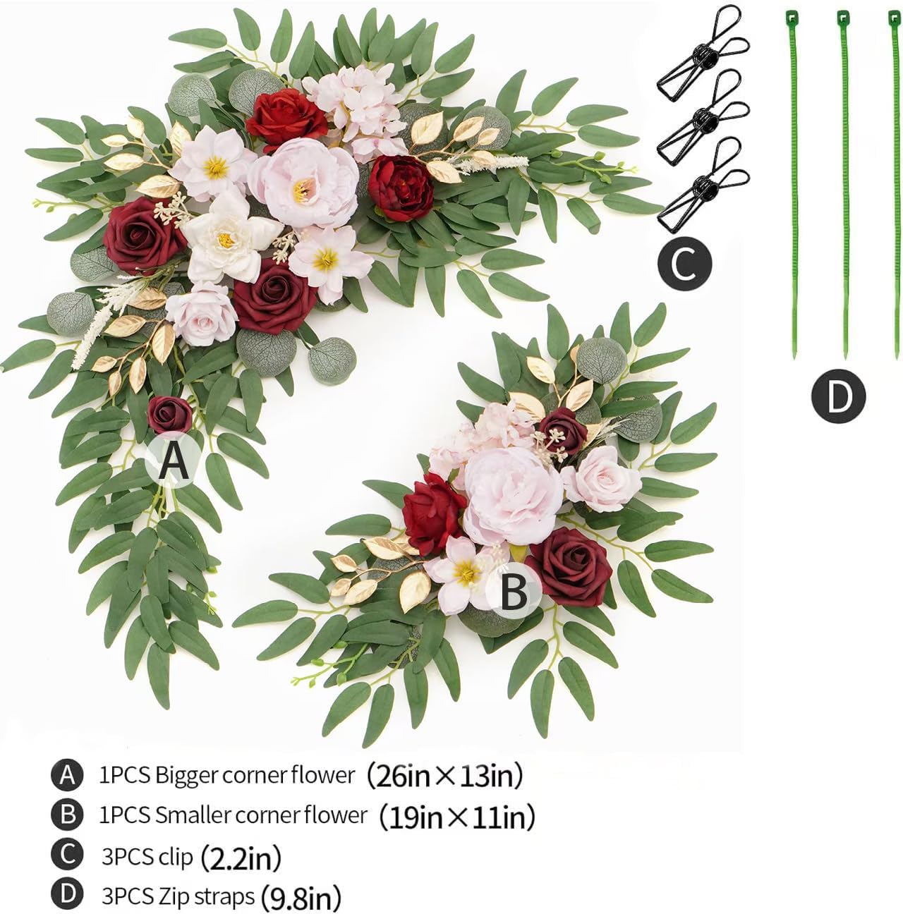 Faux Flower Swag Set of 2 for Wedding Welcome Signs Floral Swag Wedding Reception Ceremony Signs Decor (A-Burgundy Pink)