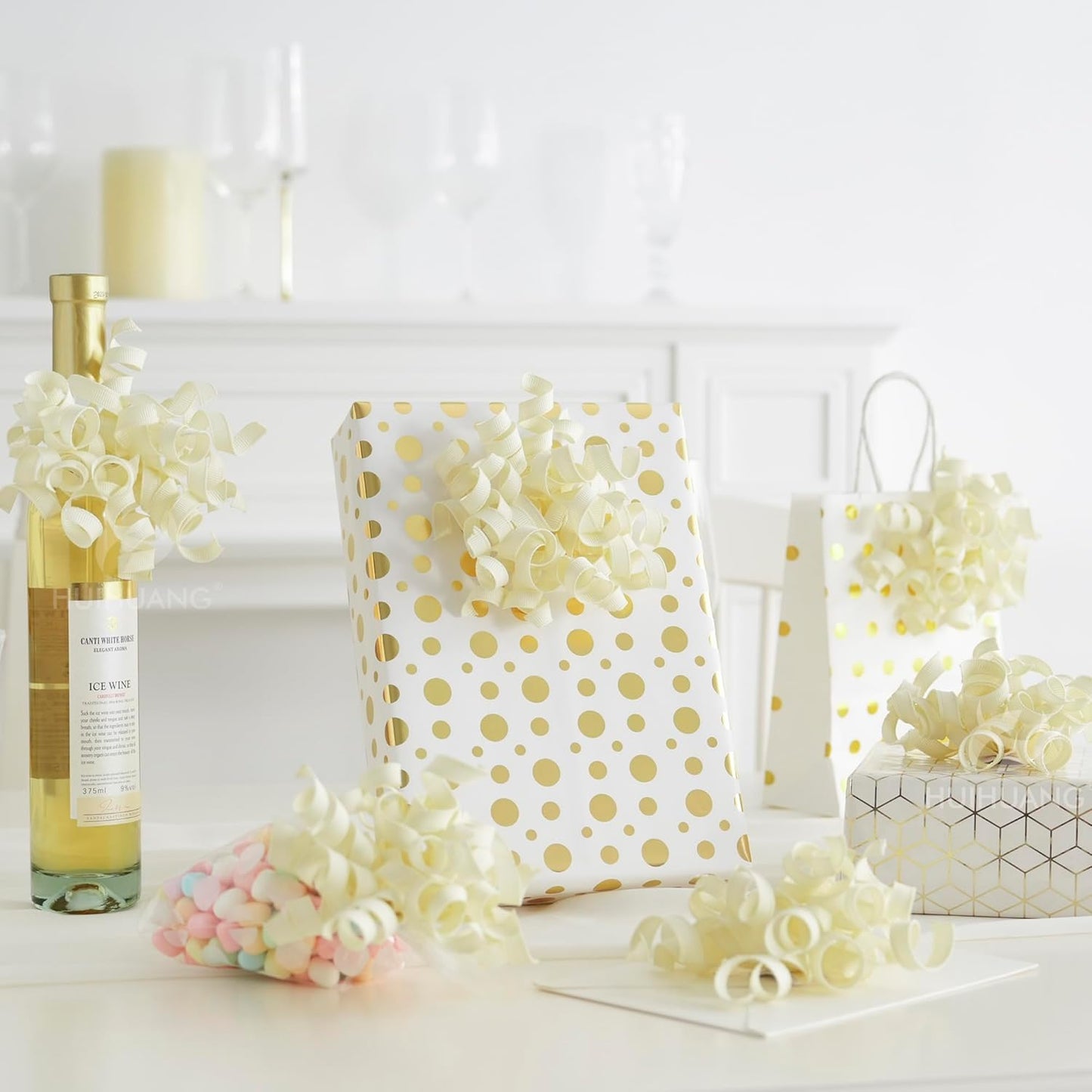 HUIHUANG Ivory Bows for Gift Wrapping, White Curly Ribbon Bows Self Adhesive Burst Gift Bow for Presents, Wine Bottle, Treat Bags, Wrap Accessories, Bridal Shower Wedding Party Favor - 6 Counts