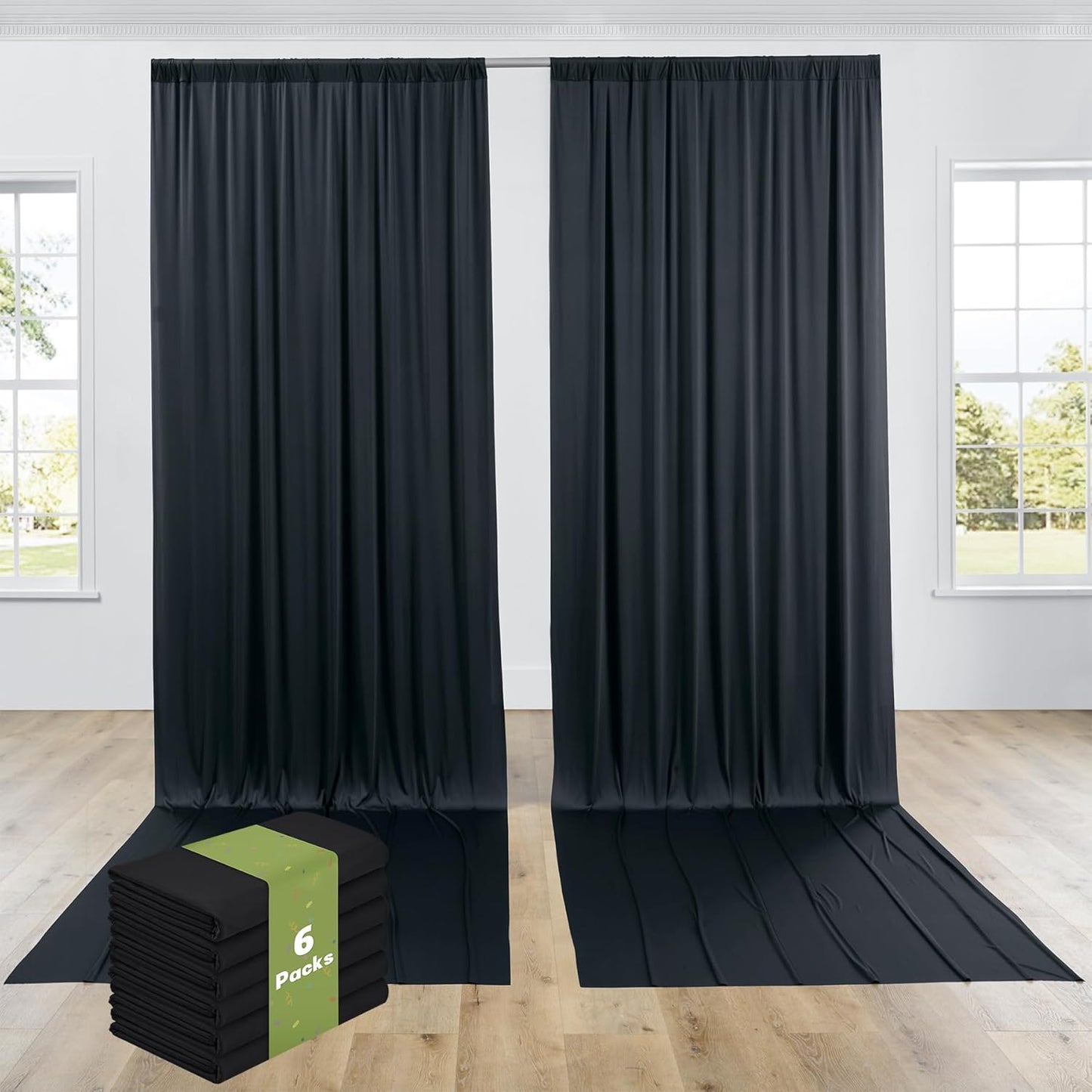 PartyVillage 30ft×15ft Black Backdrop Curtain for Halloween Parties, 6 Panels Wrinkle Free 15 FT Long Polyester Photo Backdrop Drapes Back Drop Cloth for Birthday Photography Background