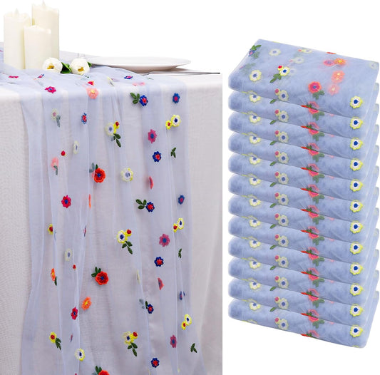 BINBE 12pcs Daisy Fall Table Runner Embroidery Gauze 10FT Florals Seasonal Tulle Holiday Birthday Kitchen Dining Table Decor for Home Party Blue