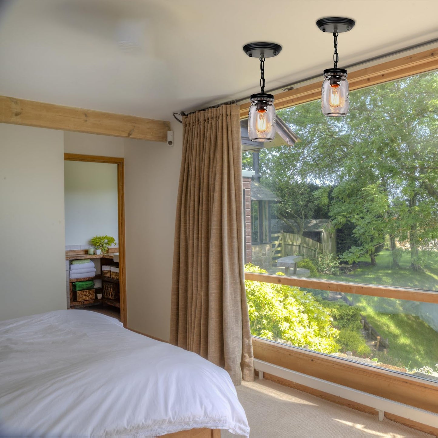 Glass Mason Jar Light Fixtures - Single Pendant Ceiling Light 1-Light Flush Mount - Black Country Farmhouse Lights for Kitchen Dining Room Foyer Stairway Hallway Entryway Porch