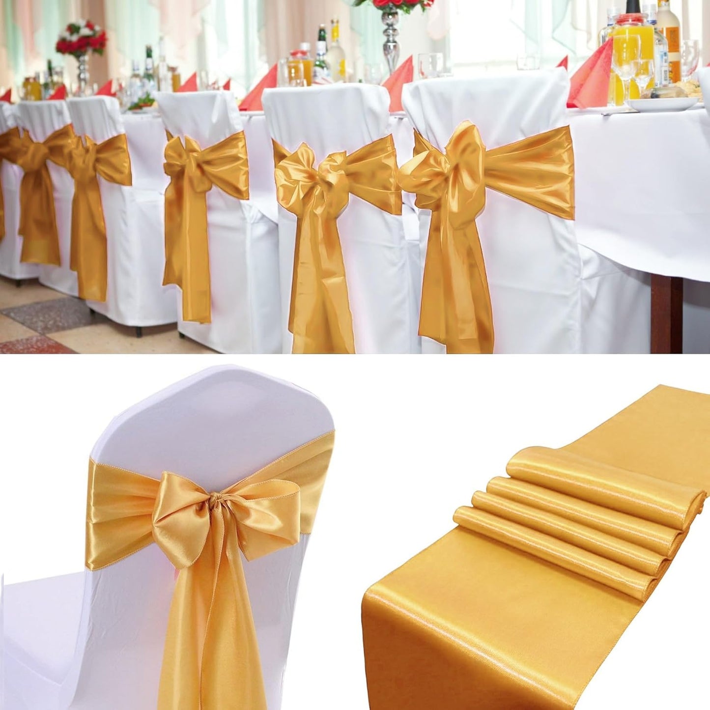 50 PCS Satin Chair Sashes Bows Decorative Universal Chair Cover Chair Ribbon Ties Back Sash for Wedding Party Ceremony Reception Hotel Events Banquet Restaurant Home Kitchen Decor(7 x 108 inch,Gold)