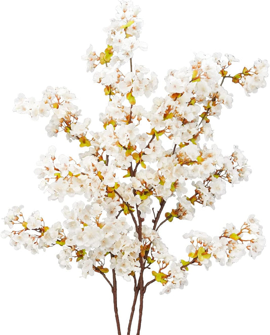 Uieke Silk Cherry Blossom Branches, 39.3in Artificial Cherry Blossom Tree Stems, Fake Plum Blossom Flowers Arrangement for Wedding Home Japanese Decor, Set of 3, White