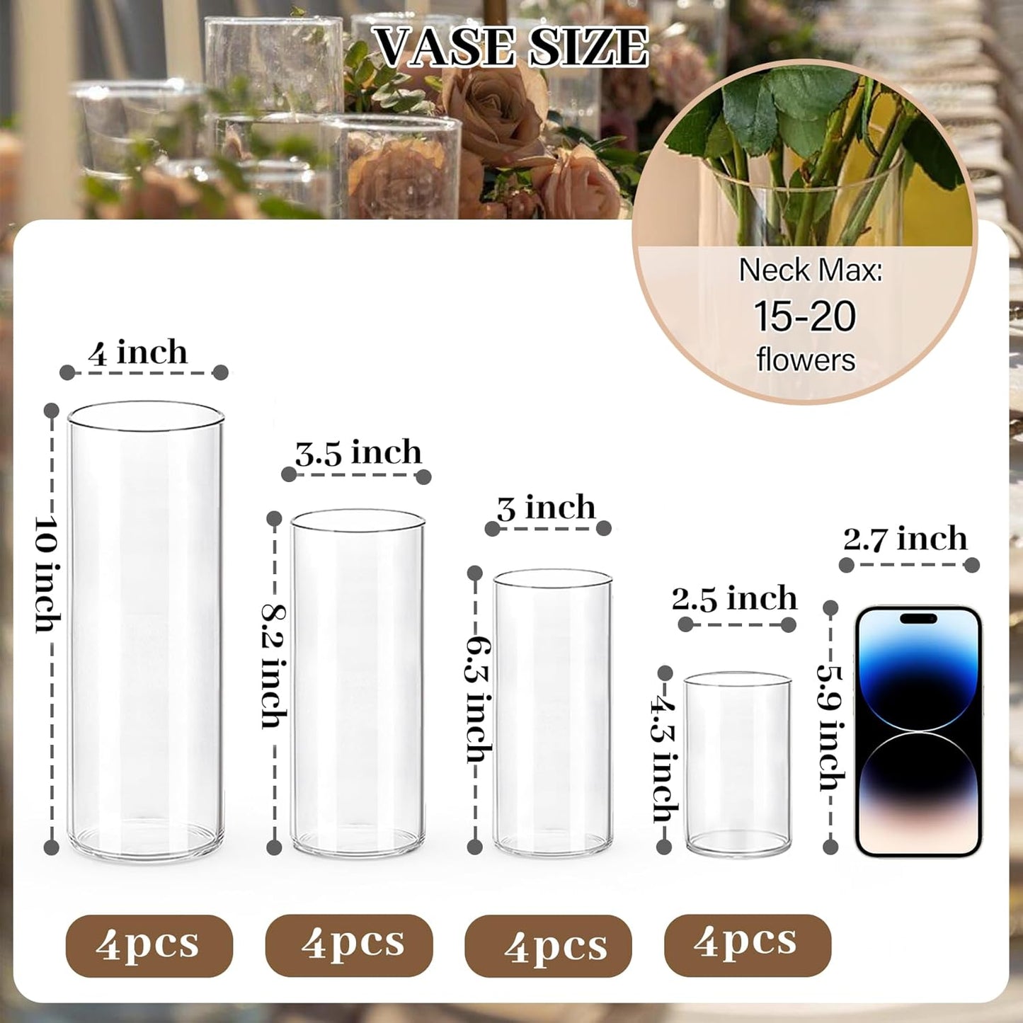 16 PCS Clear Cylinder Vases for Centerpieces | 4, 6, 8,10 Inch Tall Flower Vase for Wedding Decorations, Clear Floating Candle Vases in Bulk, Hurricane Candle Holdersfor Table, Home Décor