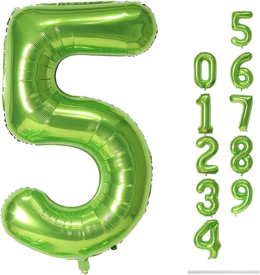 Green Number 5 Balloon for Girls Boys, 40 Inch Large Number 0-9 Foil Mylar Helium Digital Balloons Set for Women Men Jungle Birthday Graduation Anniversary Party Decorations Celebration Supplies