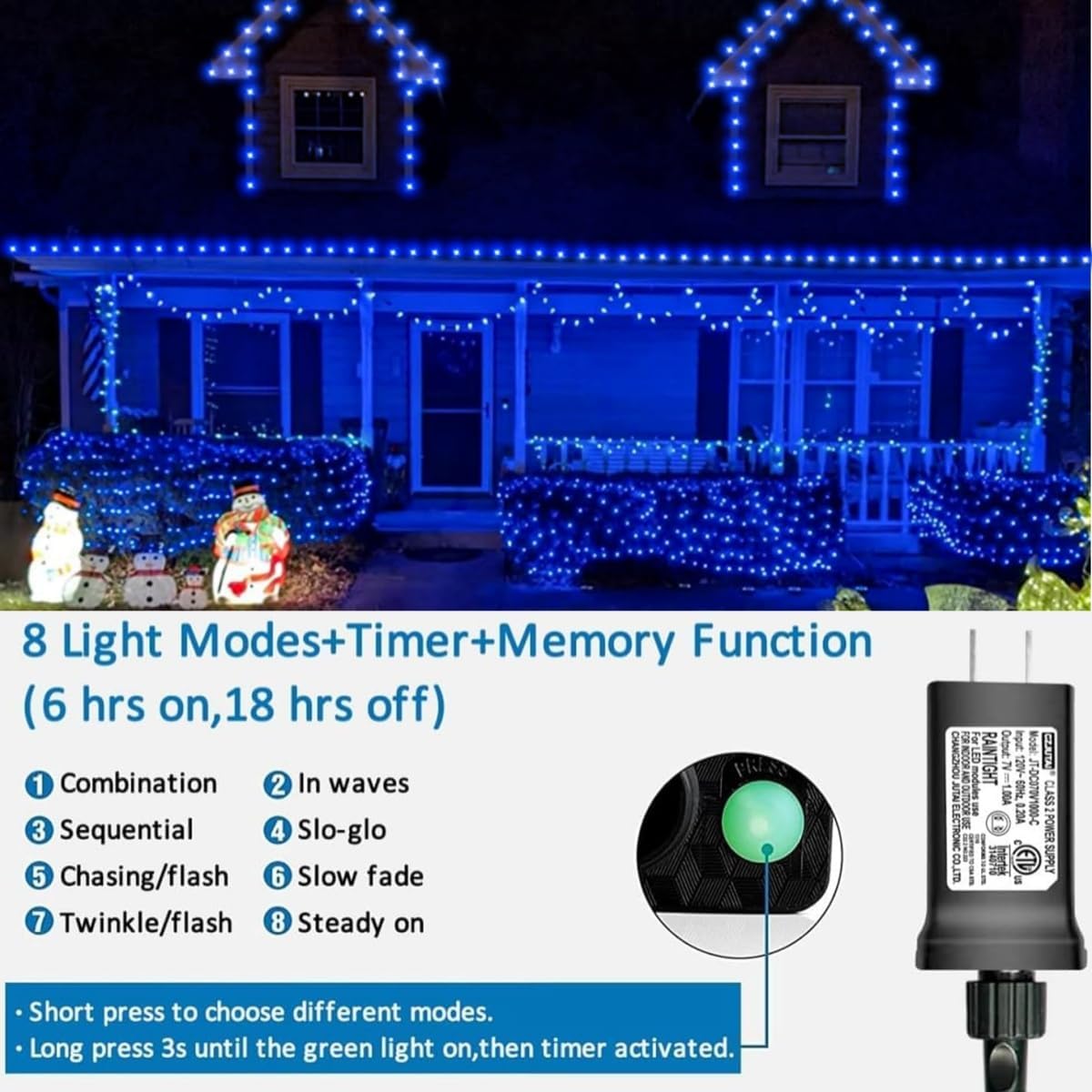 YEGUO 66ft 200 LED Blue Christmas Lights Outdoor Waterproof, Green Wire String Lights Indoor, Twinkle Tree Lights Plug in with Memory Timer