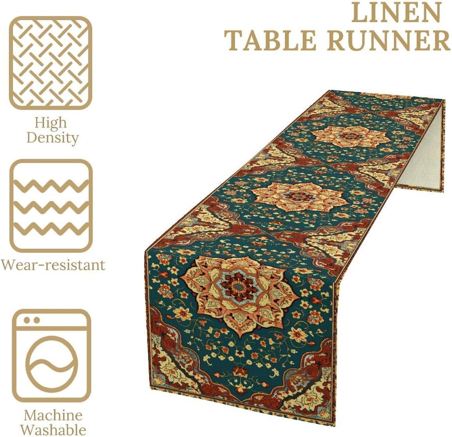 Boho Rich Table Runner, Vintage Blue Teal Gold Retro Flower Rustic Country Style Floral Print Pattern for Home Kitchen Table Decor Dining Coffee Room Garden Party Decor 13x120in