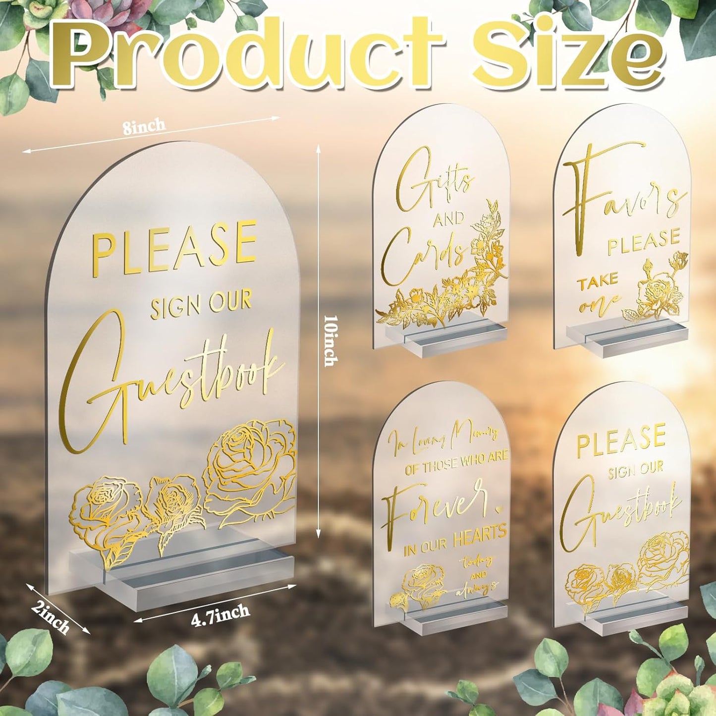 Chunful 4 Pcs Clear Acrylic Wedding Sign with Stand for Ceremony Reception 5" x 7" Guest Book Cards and Gifts In Loving Memory Favors Please Take One Table Sign for Wedding(Shiny Gold,Classic Style)