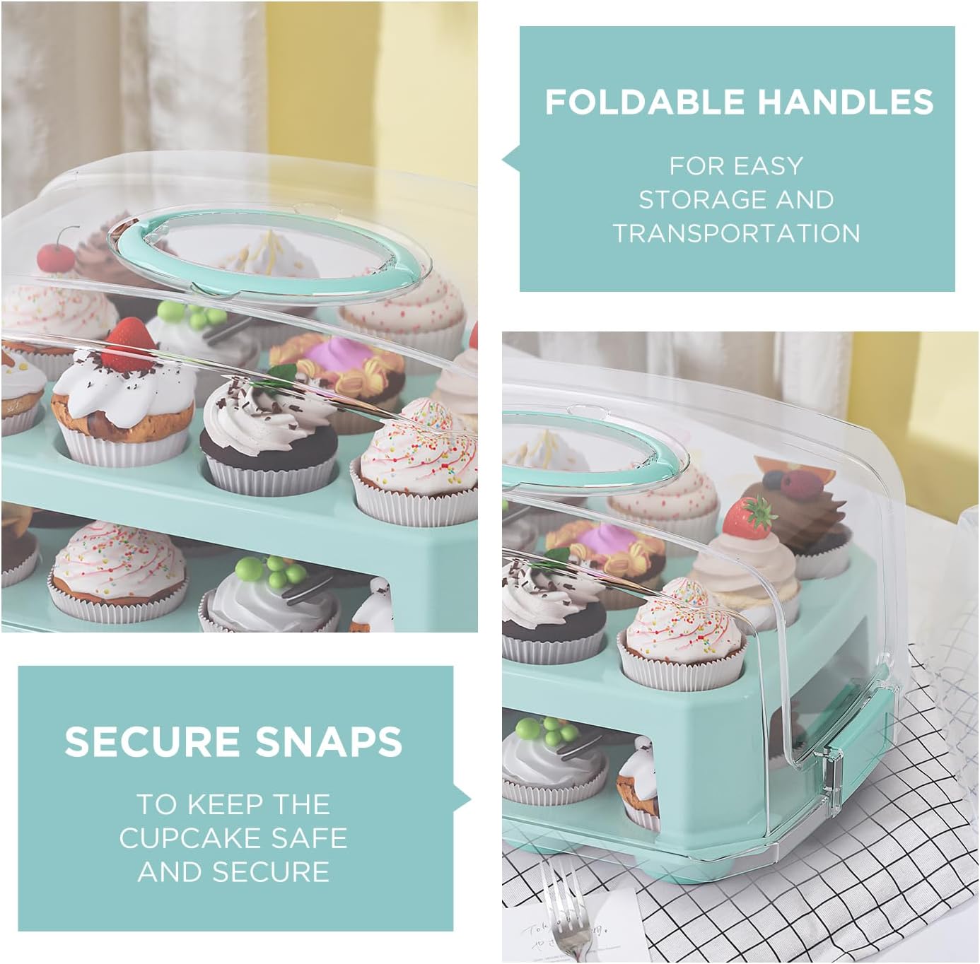 Cupcake Carrier 24 Count, Green Cupcake Holder, Cupcake Container with Lid and Handles, Muffin Traveler Two Tier Stand Reusable Cupcake Box