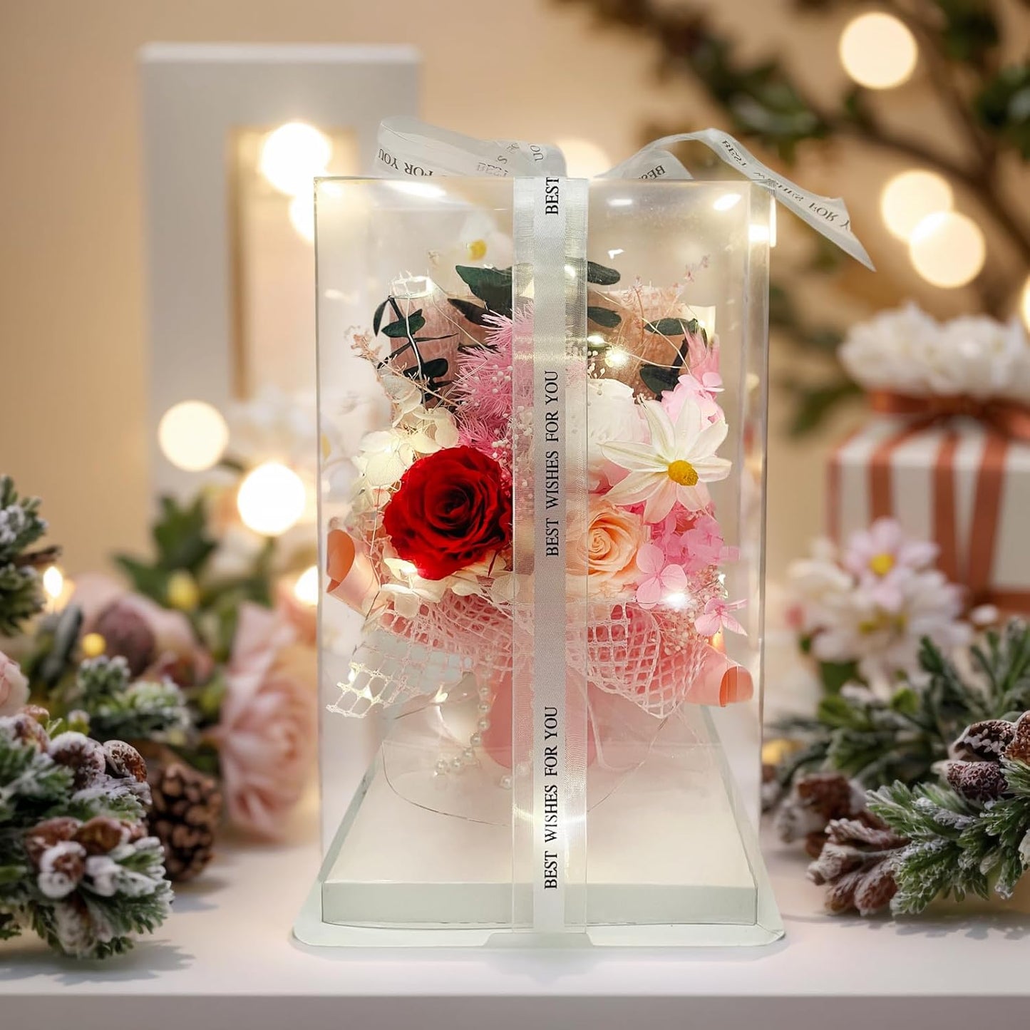 Preserved Flowers Bouquet Romantic Valentines Day Gift for Her LED Light 3 Preserved Real Rose for Delivery Christmas Mothers Day Birthday Gifts for Women Mother Wife Girlfriend (Pink)