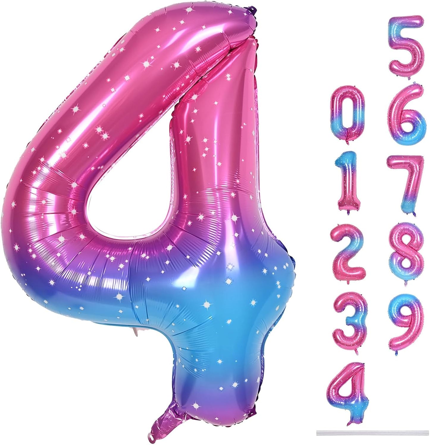 Gradient Rainbow 4 Balloons, 40 Inch Large Blue Pink Purple Foil Number Balloons Set 0-9, Self Inflating Starry Digital 4 Helium Balloon for Girls Women Birthday Anniversary Party Decorations Supplies