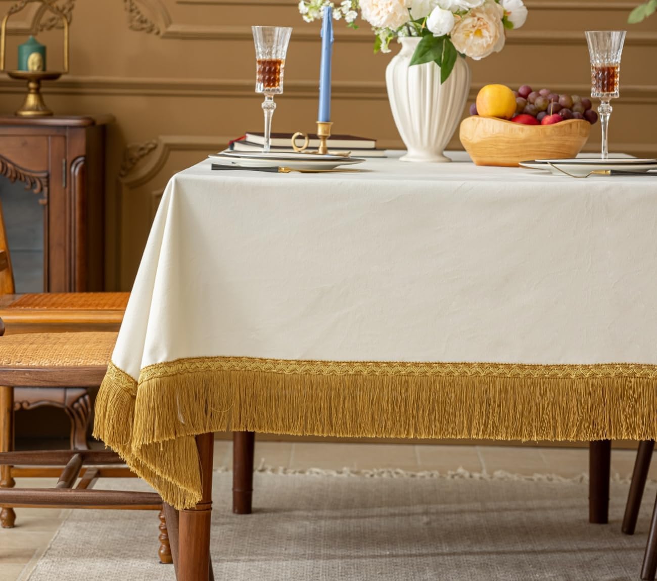 F-CHU White Tablecloth Thickset Velvet Tablecloth with Beautiful Gold Tassels Vintage Table Cloth for Home Decor Wedding, Party, Banquet and Events 60x86-Inch